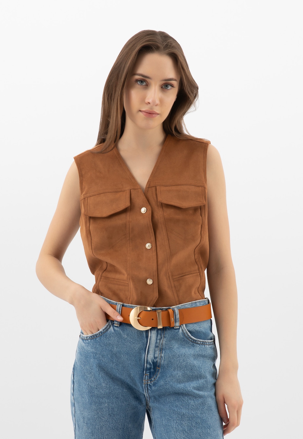 Hnědý dámský pásek se zlatou přezkou 93089-53 Widok 1