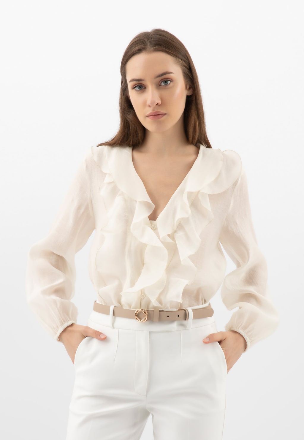 Béžový kožený dámsky opasok so zlatou sponou 93058-54 Widok 1