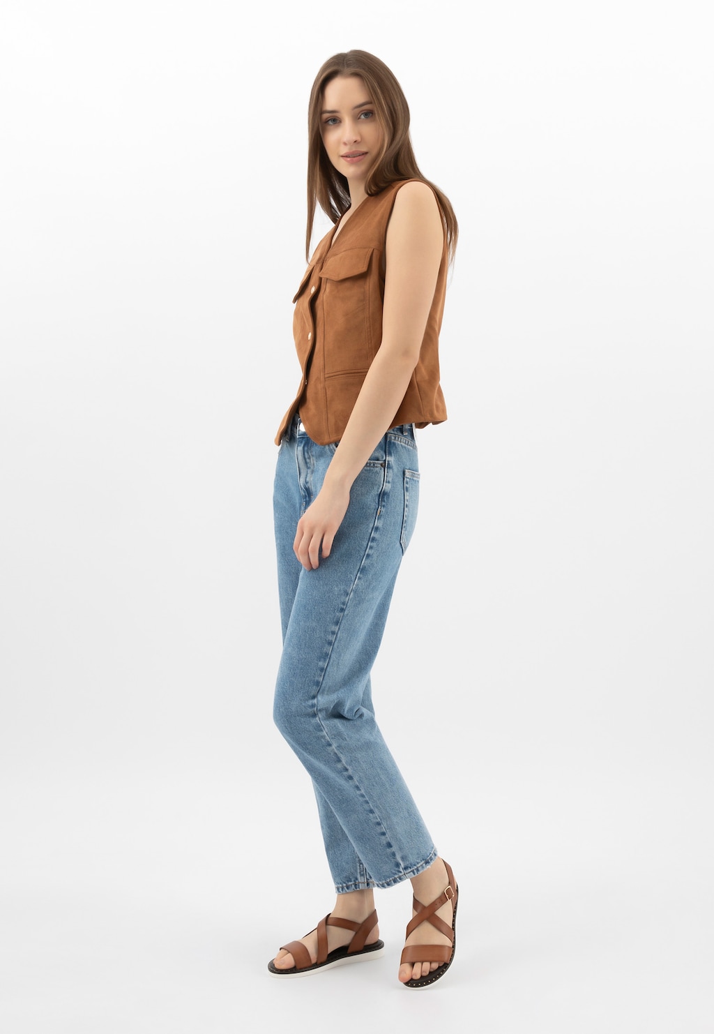 Hnedé kožené dámske sandále na plochej podrážke 76235-53 Widok 9