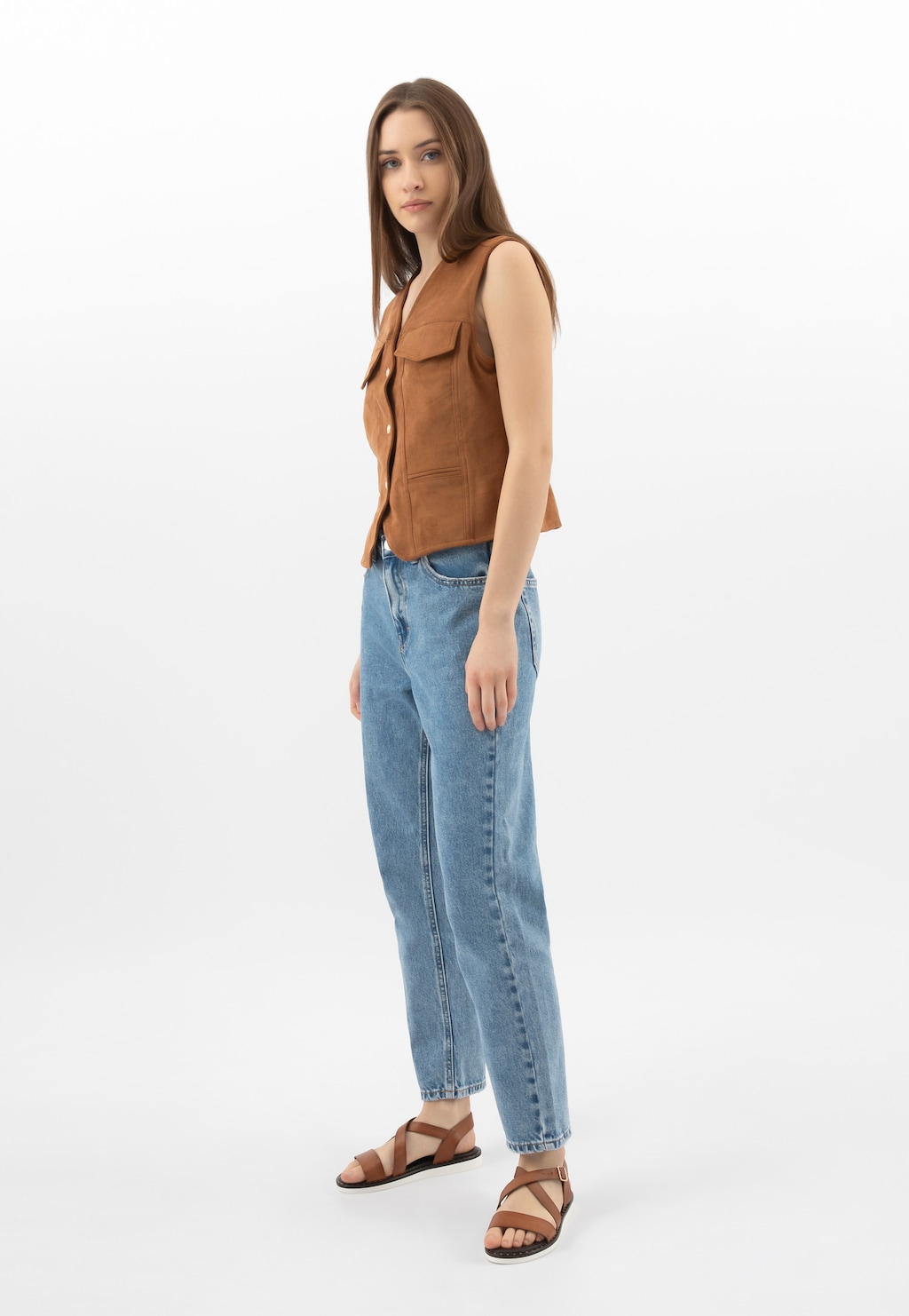 Hnedé kožené dámske sandále na plochej podrážke 76235-53 Widok 1