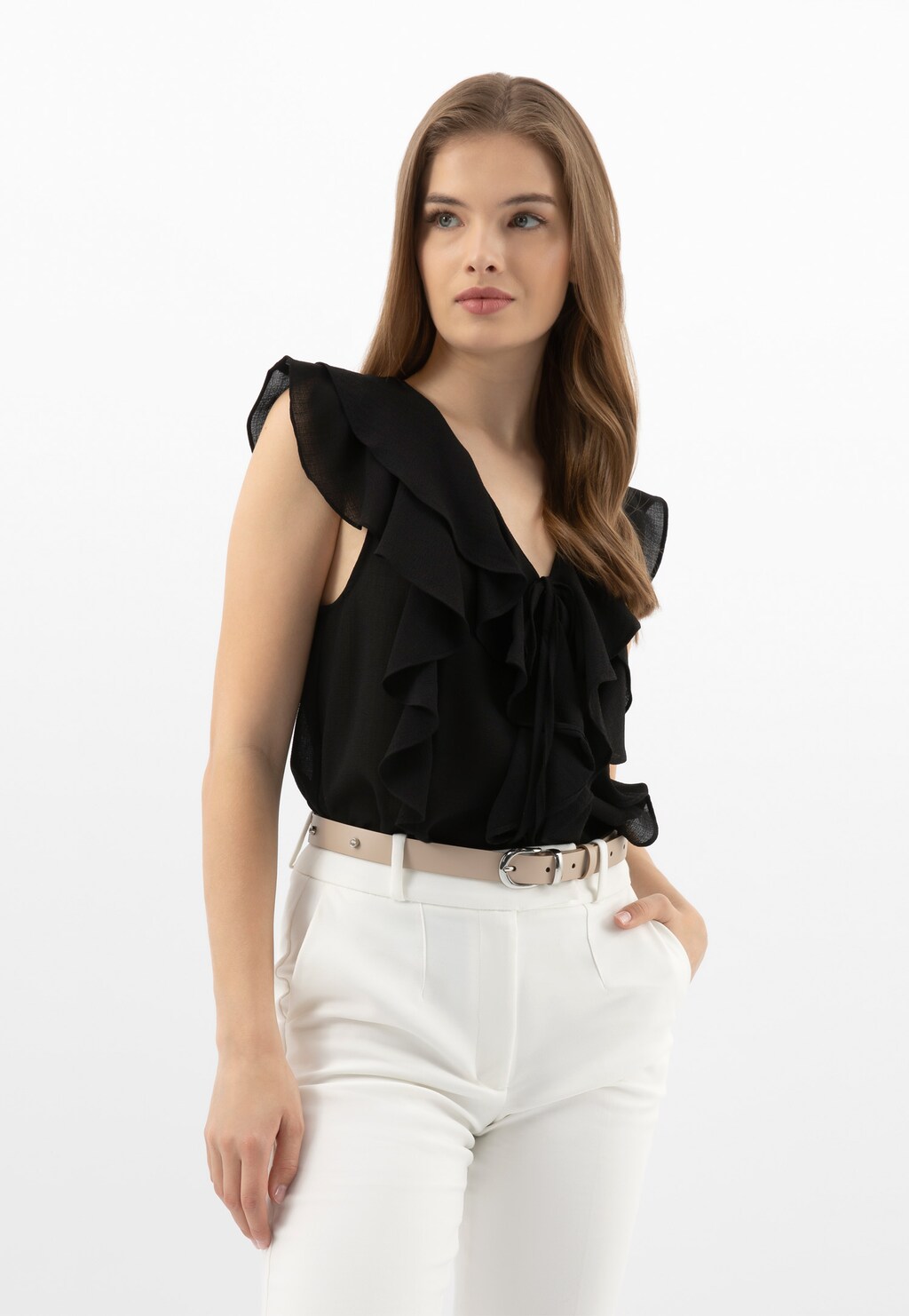 Béžový kožený opasok so striebornou spônou 93129-54 Widok 7