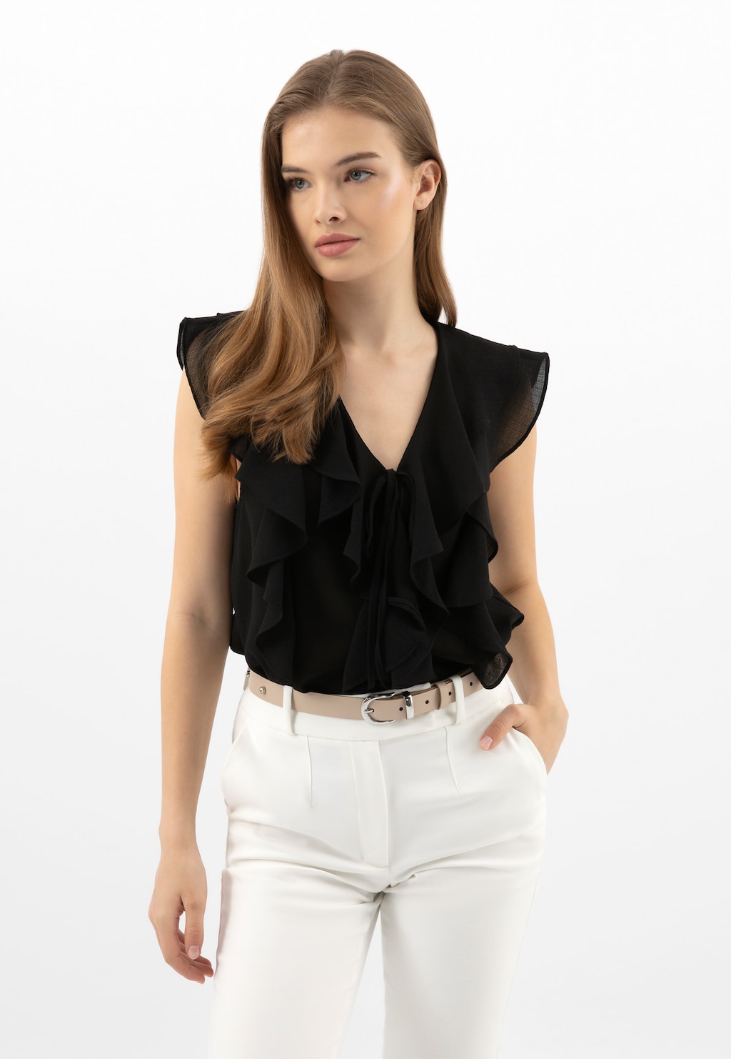 Béžový kožený opasok so striebornou spônou 93129-54 Widok 8