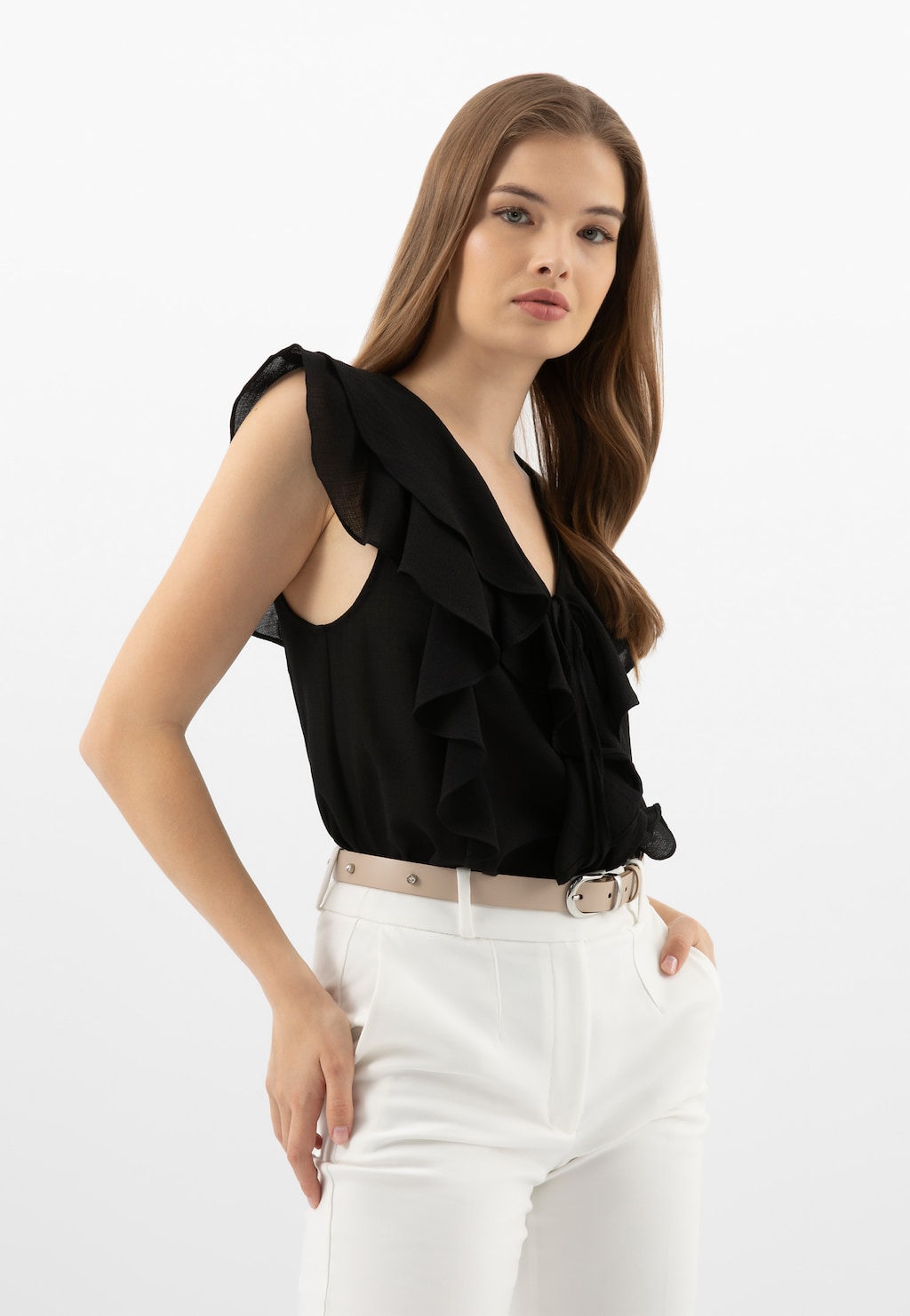 Béžový kožený opasok so striebornou spônou 93129-54 Widok 1