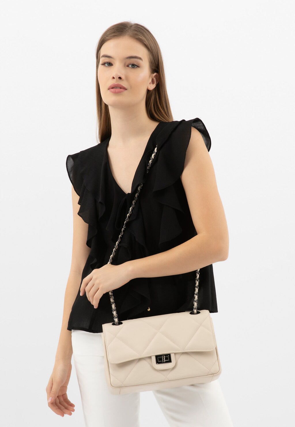 Jasnobeżowa pikowana torebka damska ze skóry licowej 80342-54 Widok 9