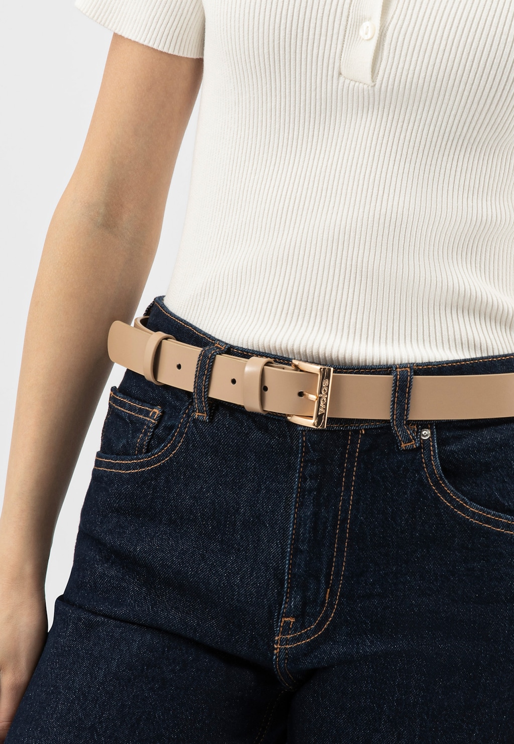 Béžový kožený pásek se zlatou sponou 93084-54 Widok 7