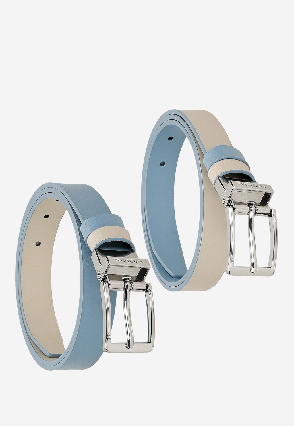 Niebiesko-beżowy dwustronny pasek damski ze srebrną klamrą 93102-56 Widok 7