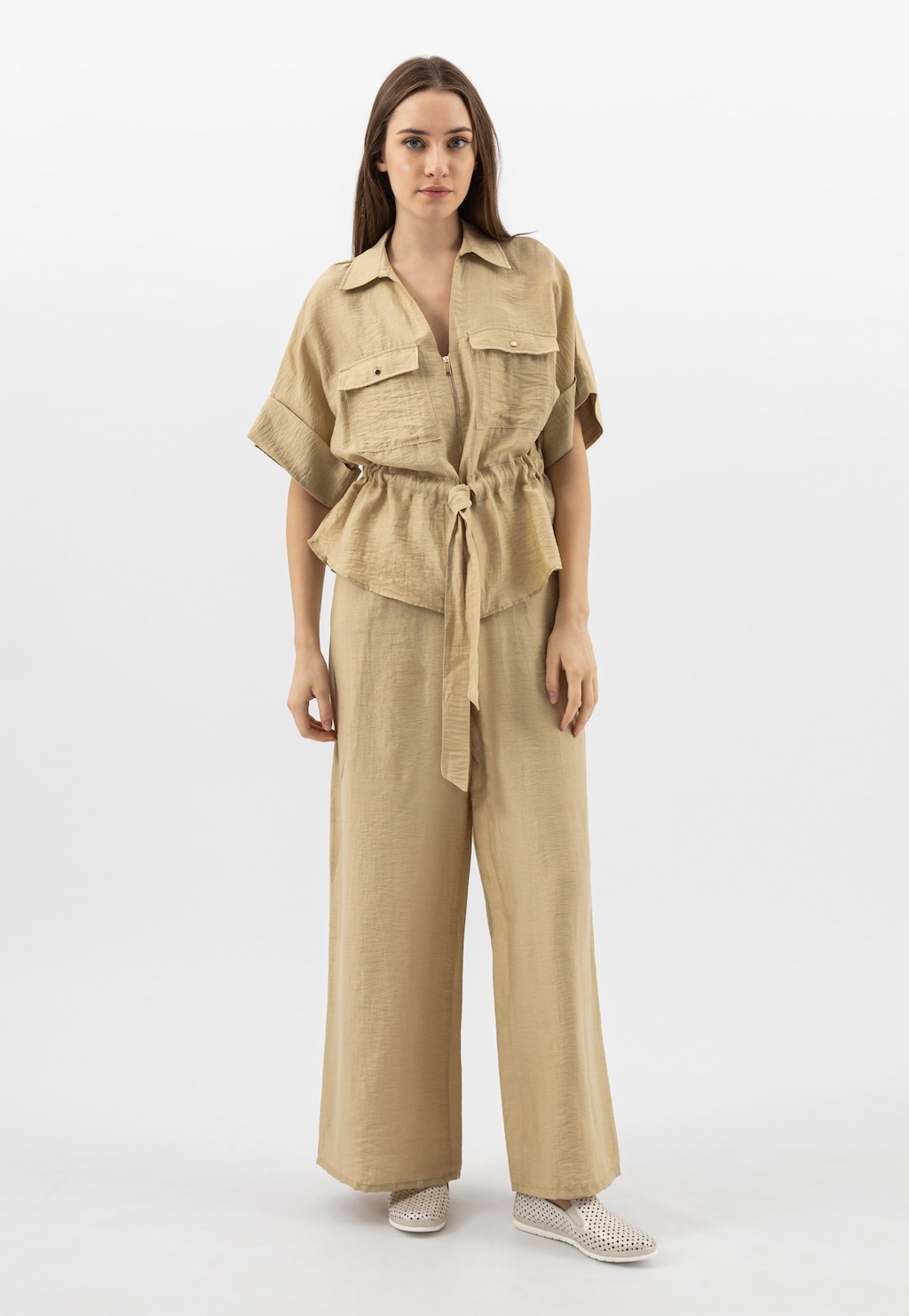 Béžové lesklé mokasíny dámské z perforované kůže 46102-58 Widok 9