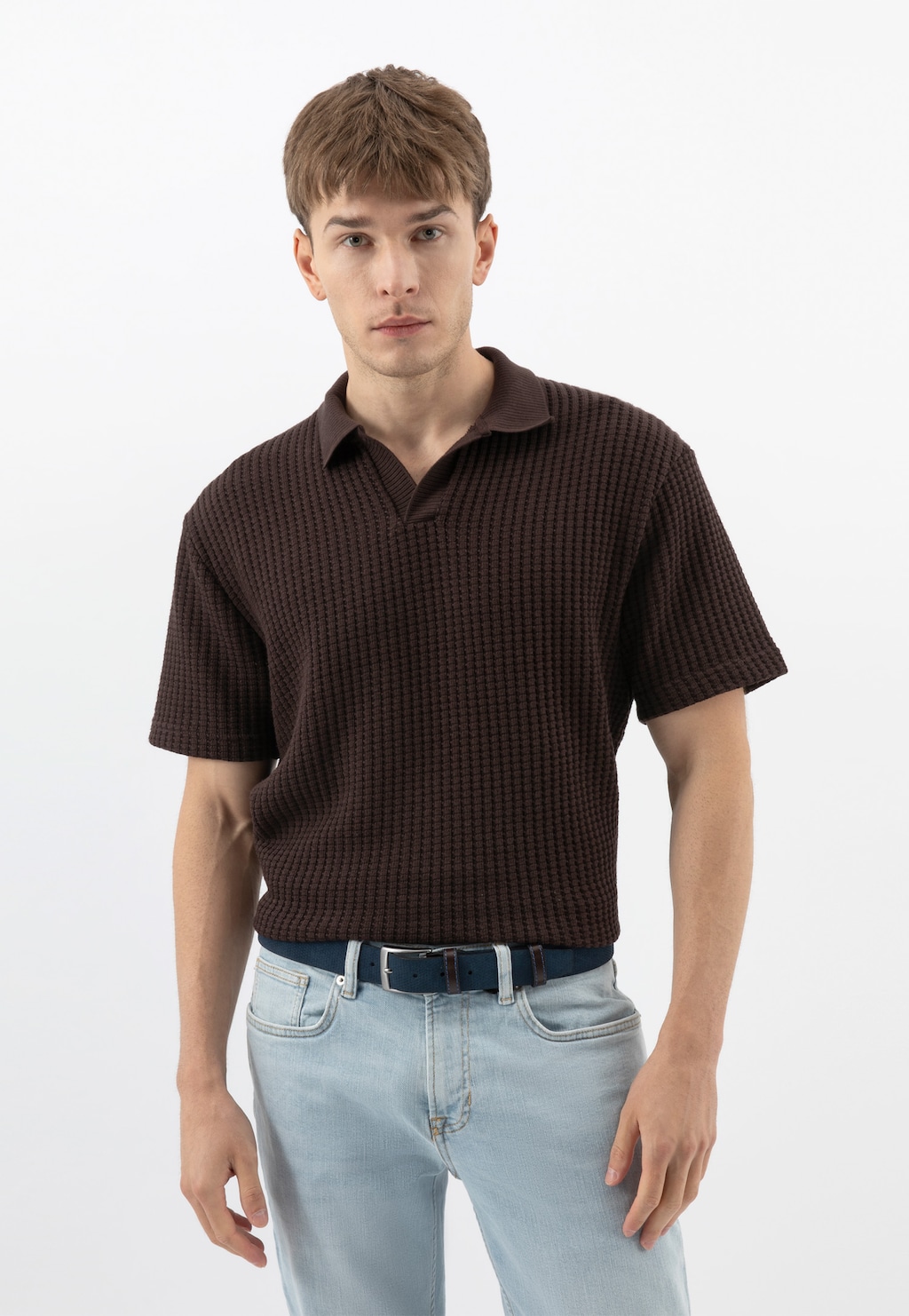 Granatowy pasek męski z brązowymi elementami ze skóry licowej 93126-66 Widok 7