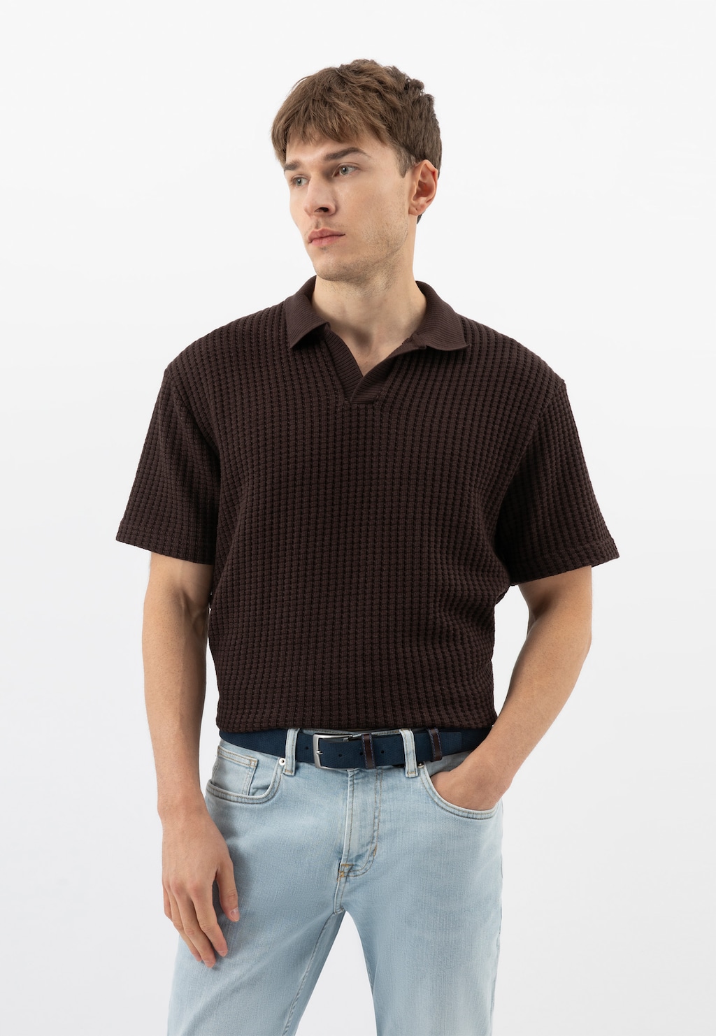 Granatowy pasek męski z brązowymi elementami ze skóry licowej 93126-66 Widok 8