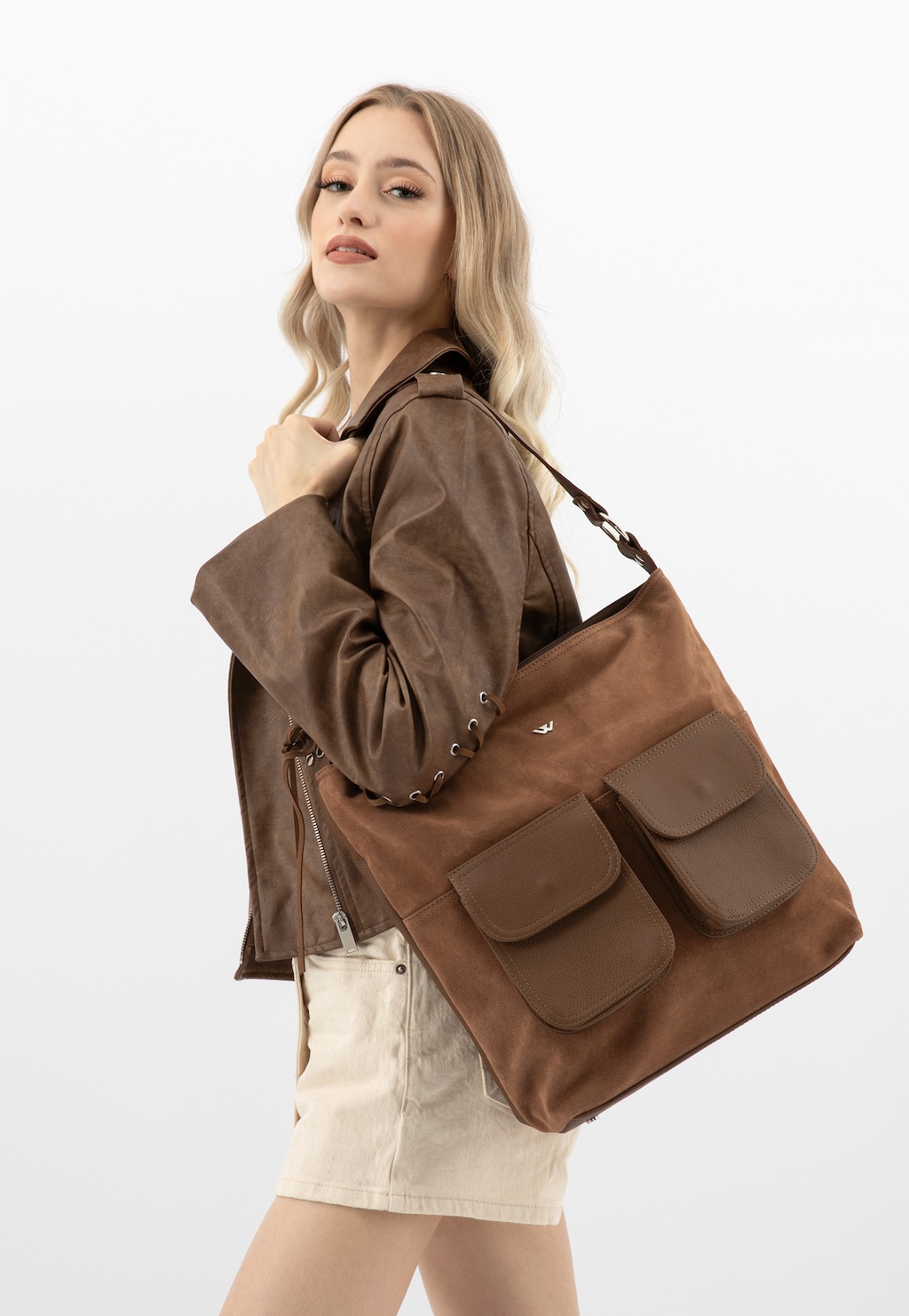 Duża torebka damska ze skóry licowej i welurowej 9819-72 Widok 8