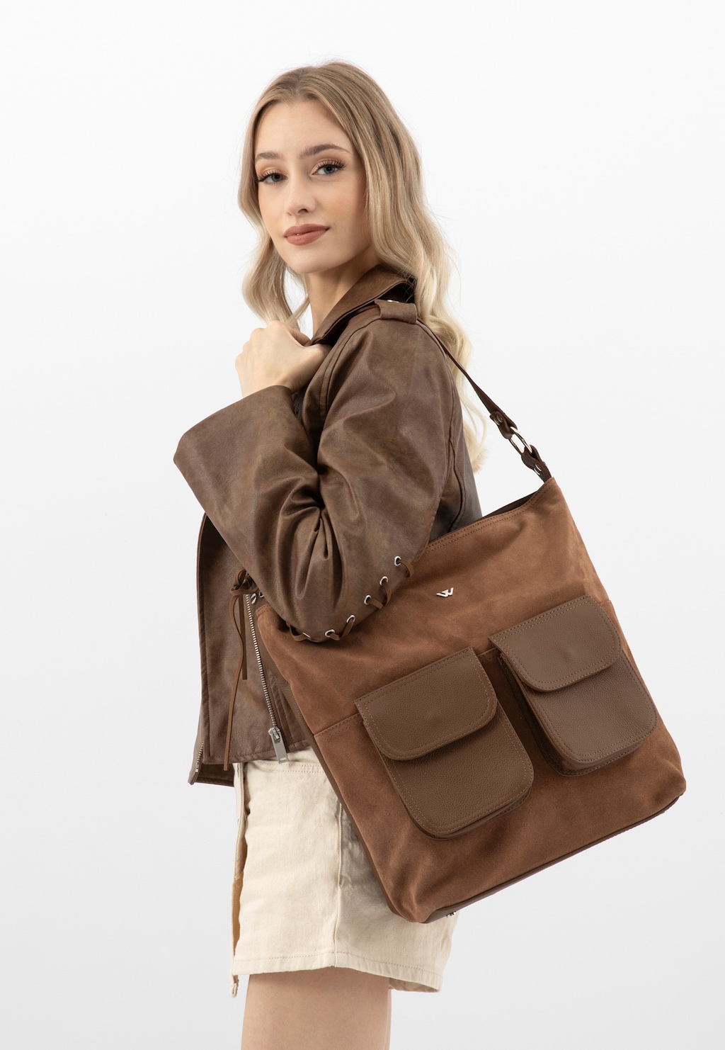 Duża torebka damska ze skóry licowej i welurowej 9819-72 Widok 1