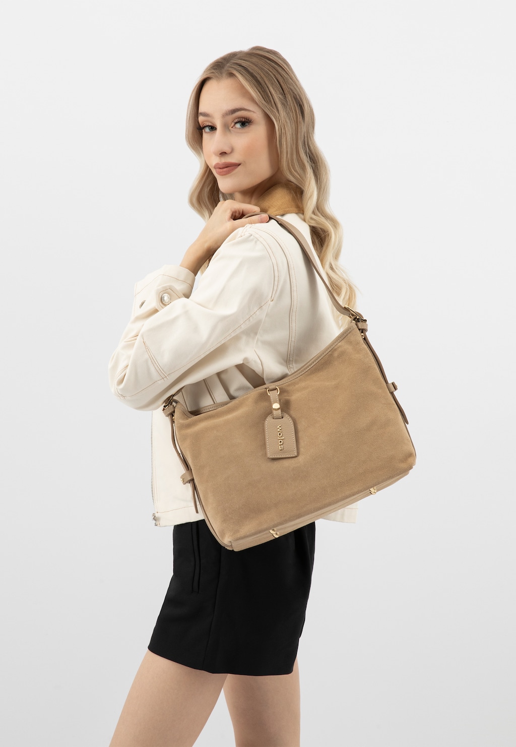 Beżowa torebka damska z dwoiny welurowej 80457-74 Widok 1