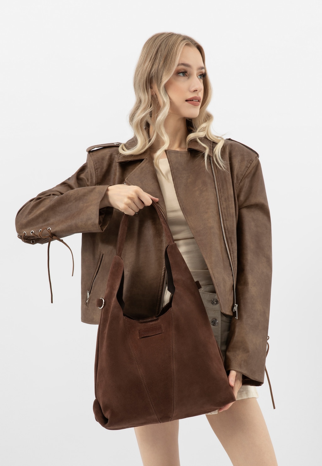 Tmavohnedá veľká kabelka z velúrovej štiepenky 80446-62 Widok 8