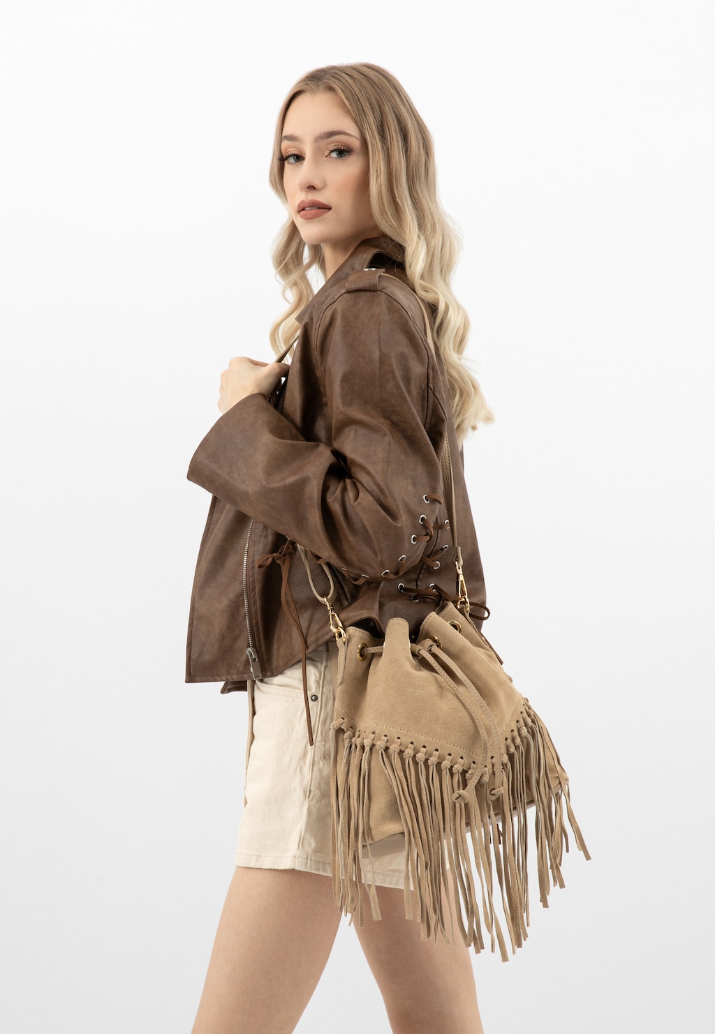 Beżowa torebka damska boho z frędzlami 80307-64 Widok 1