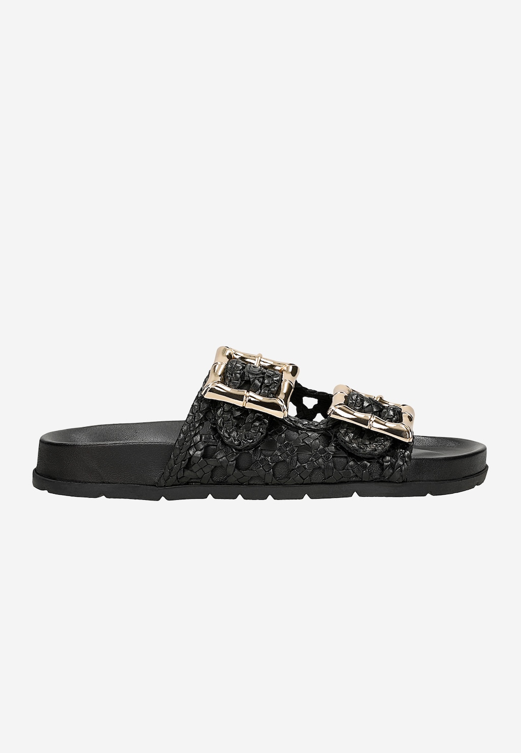 Černé ažurové dámské pantofle z lícové kůže se zlatými přezkami 74159-51 Widok 2