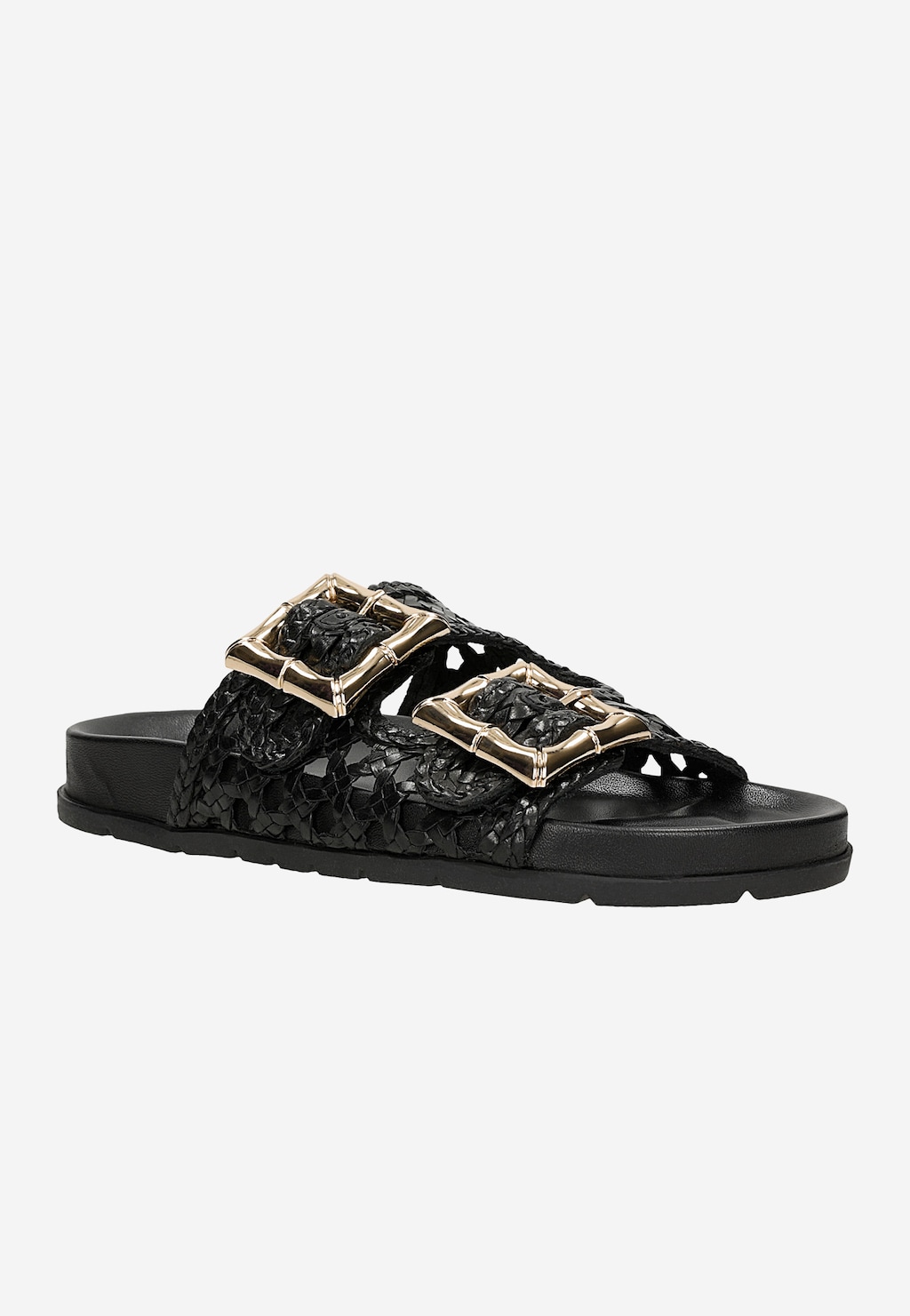 Černé ažurové dámské pantofle z lícové kůže se zlatými přezkami 74159-51 Widok 3