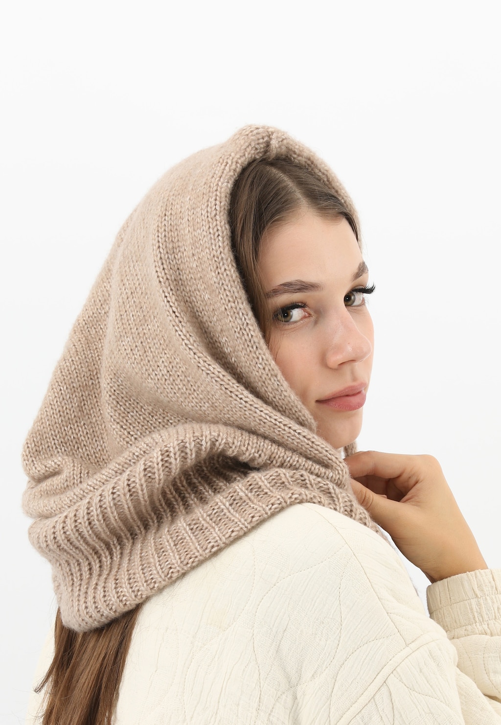 Béžová nákrčník s kapucí z merino vlny RELAKS R96036-83 Widok 3