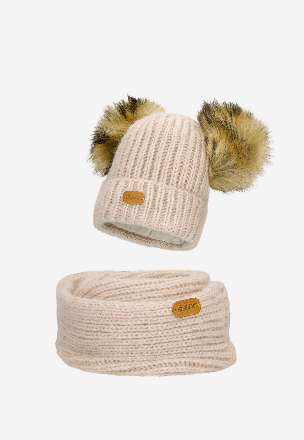 Zestaw zimowy z wełną merino BARTEK 85603-84 beżowa czapka z dwoma pomponami i komin Widok 1