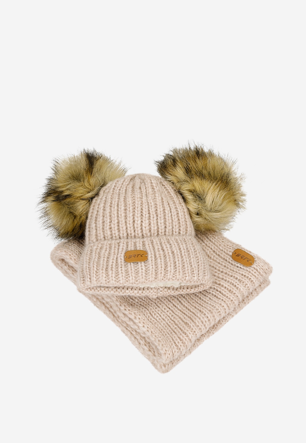 Zestaw zimowy z wełną merino BARTEK 85603-84 beżowa czapka z dwoma pomponami i komin Widok 4