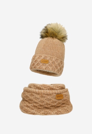 Jasnobrązowy zestaw BARTEK 85602-83 z wełną merino - czapka + komin
