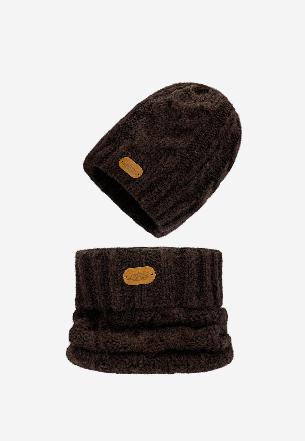 Czekoladowy zestaw RELAKS czapka + komin z wełną merino R96002-82 Widok 1