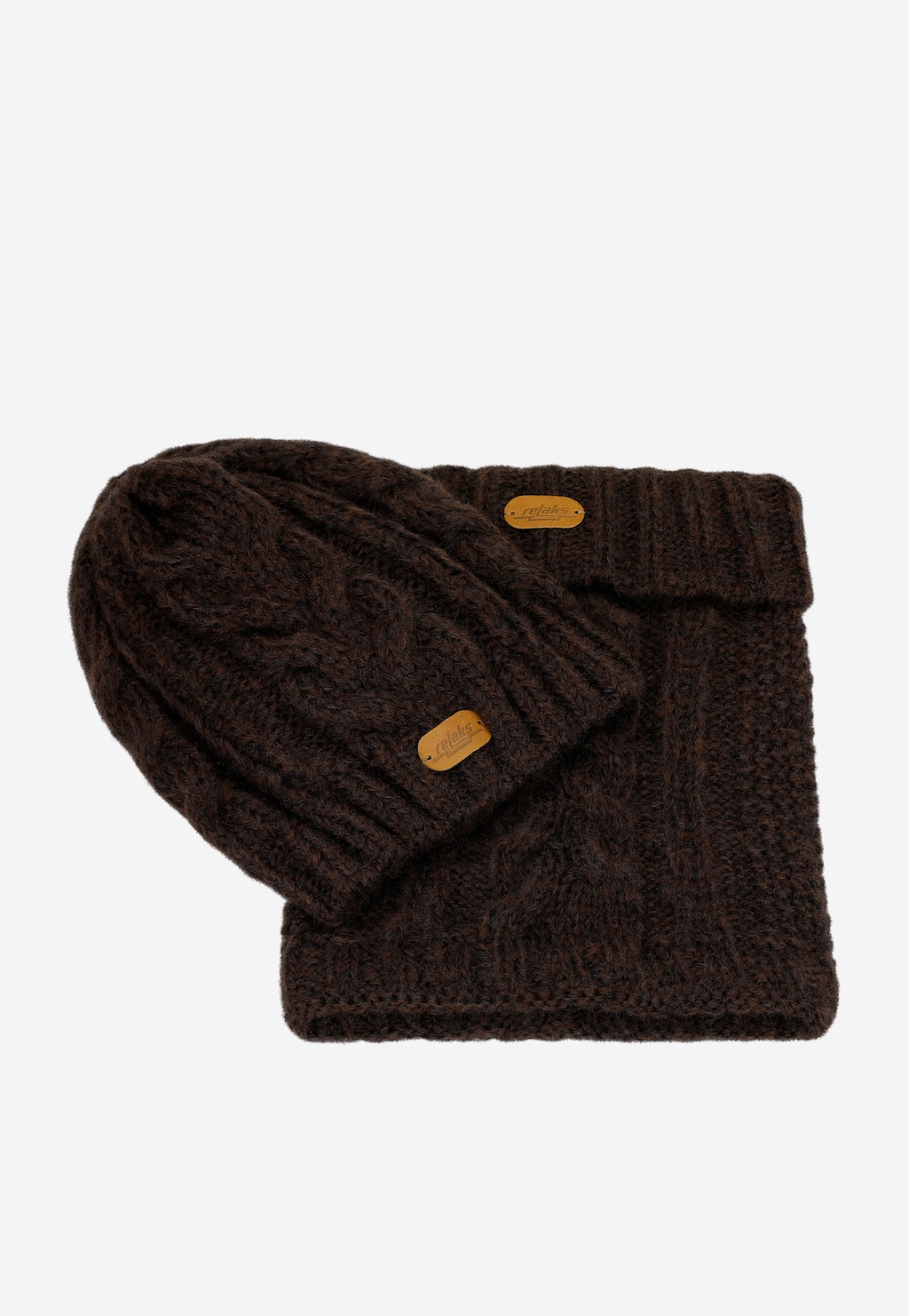 Czekoladowy zestaw RELAKS czapka + komin z wełną merino R96002-82 Widok 4