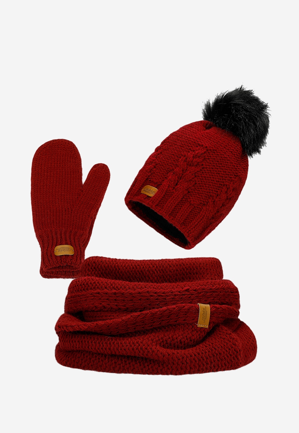 Damski zimowy zestaw RELAKS bordowa czapka z pomponem, komin i rękawiczki R96018-15 Widok 1