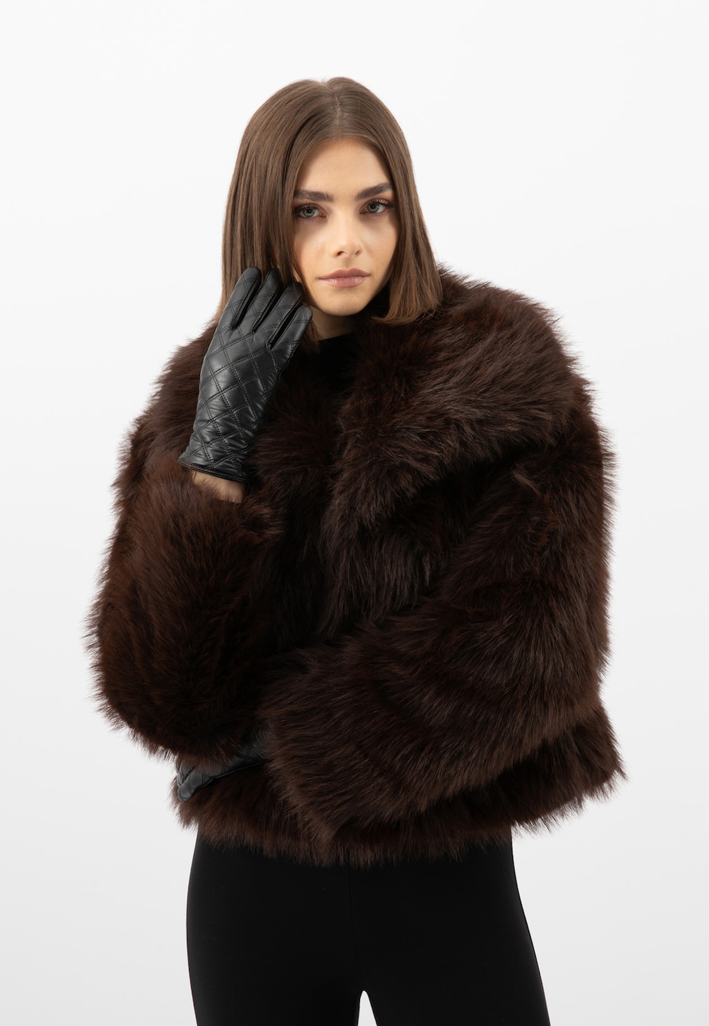 Černé prošívané kožené rukavice 98129-51 Widok 5