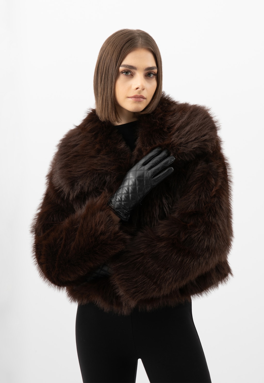 Černé prošívané kožené rukavice 98129-51 Widok 1