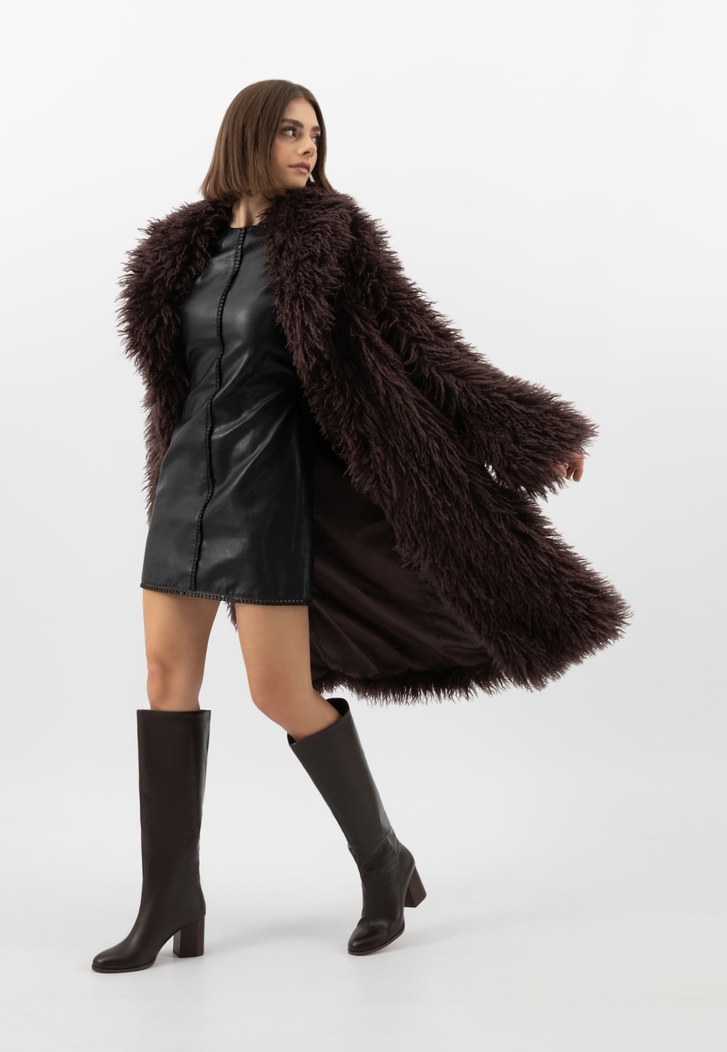 Čokoládové kožené dámské kozačky na sloupku 71136-52 Widok 1