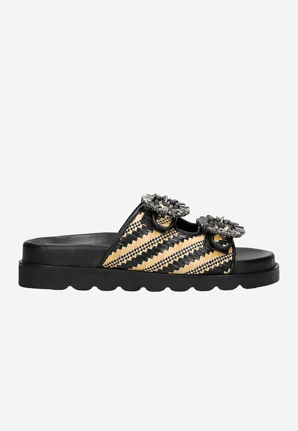 Černé dámské pantofle z lícové kůže a rafie s křišťálovou ozdobou 74152-80 Widok 2