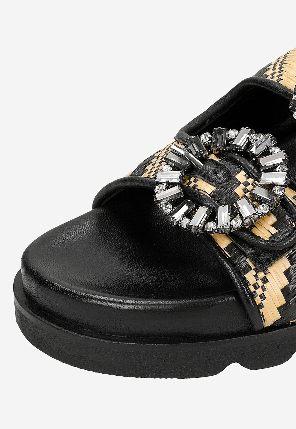 Černé dámské pantofle z lícové kůže a rafie s křišťálovou ozdobou 74152-80 Widok 7