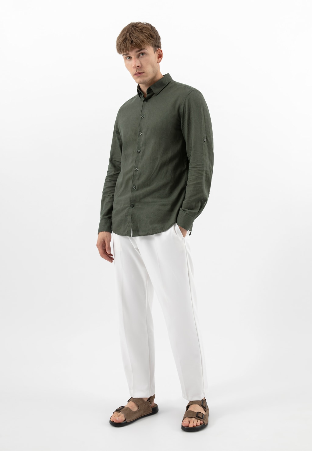 Beżowe sandały męskie z nubuku z linii Comfort 29020-24 Widok 1