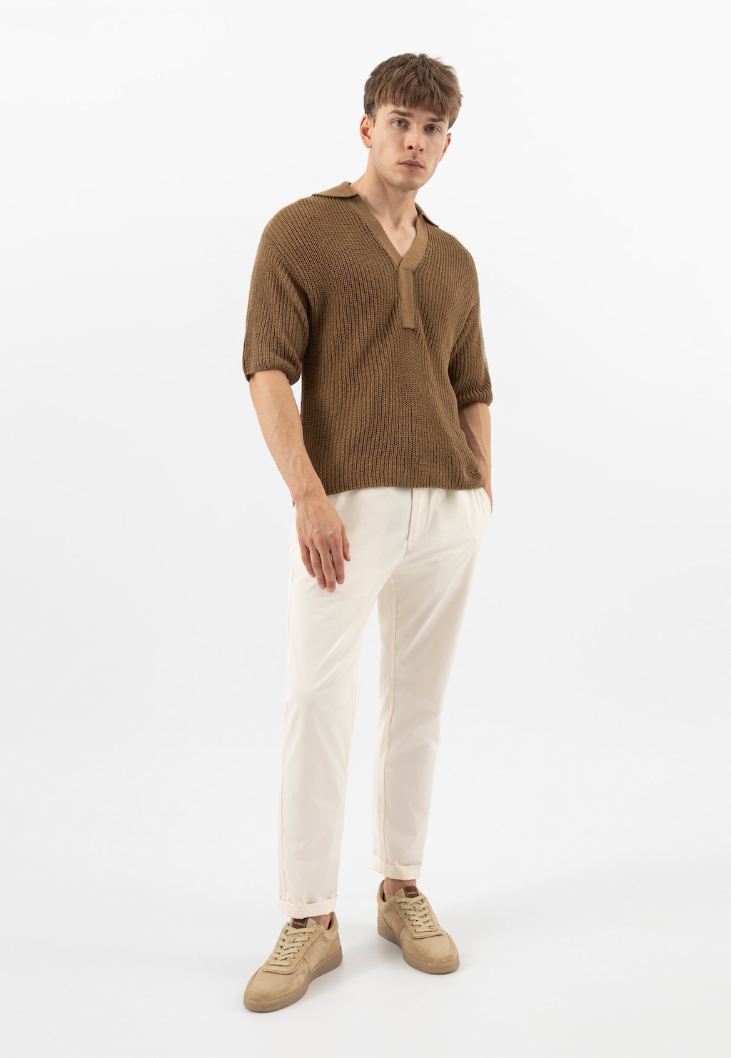 Beżowe trampki męskie z brązowymi akcentami 10248-84 Widok 9