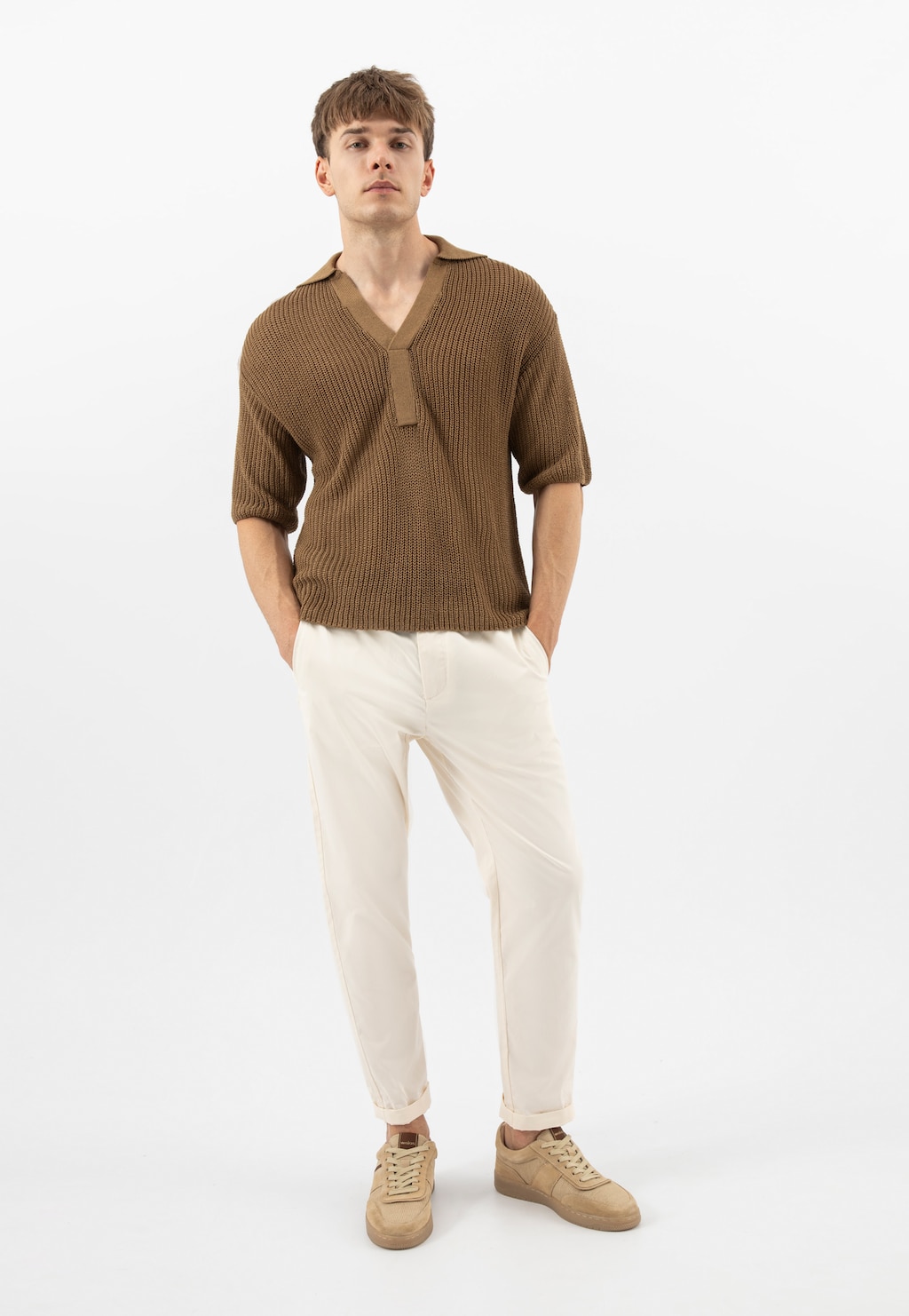 Beżowe trampki męskie z brązowymi akcentami 10248-84 Widok 10