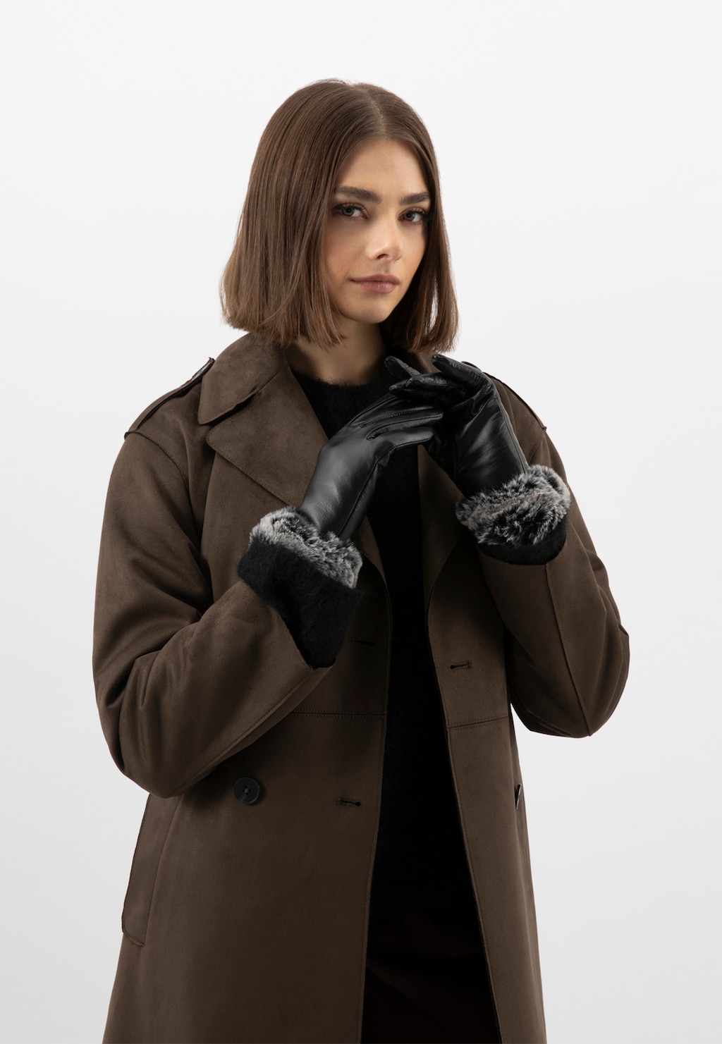 Czarne skórzane rękawiczki damskie z futerkiem 98126-51 Widok 5