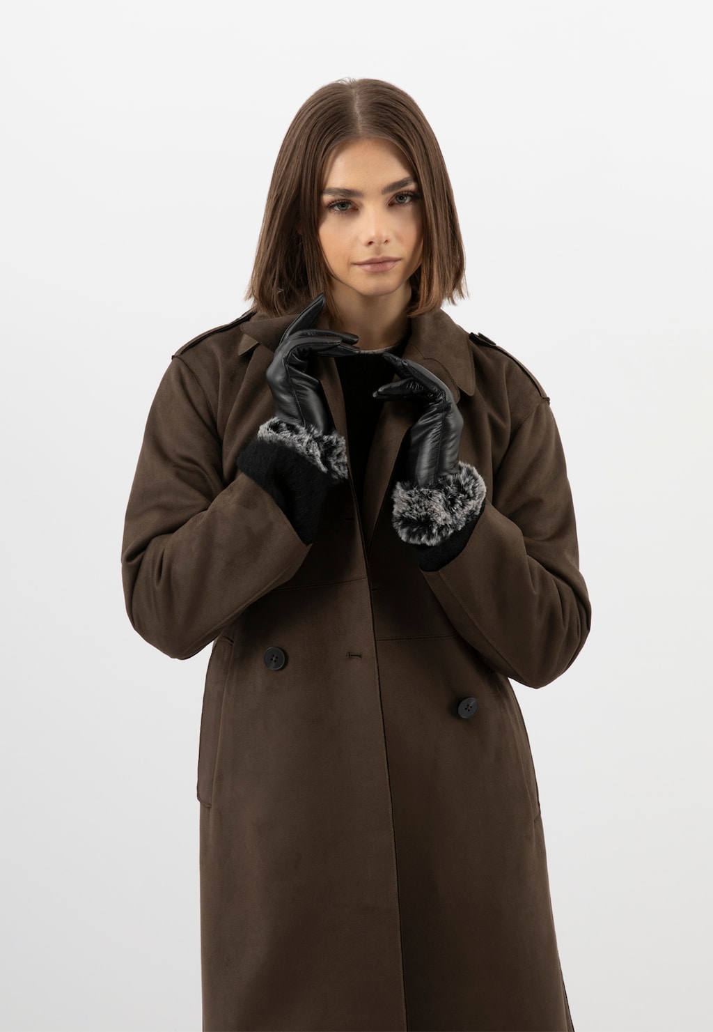 Czarne skórzane rękawiczki damskie z futerkiem 98126-51 Widok 1