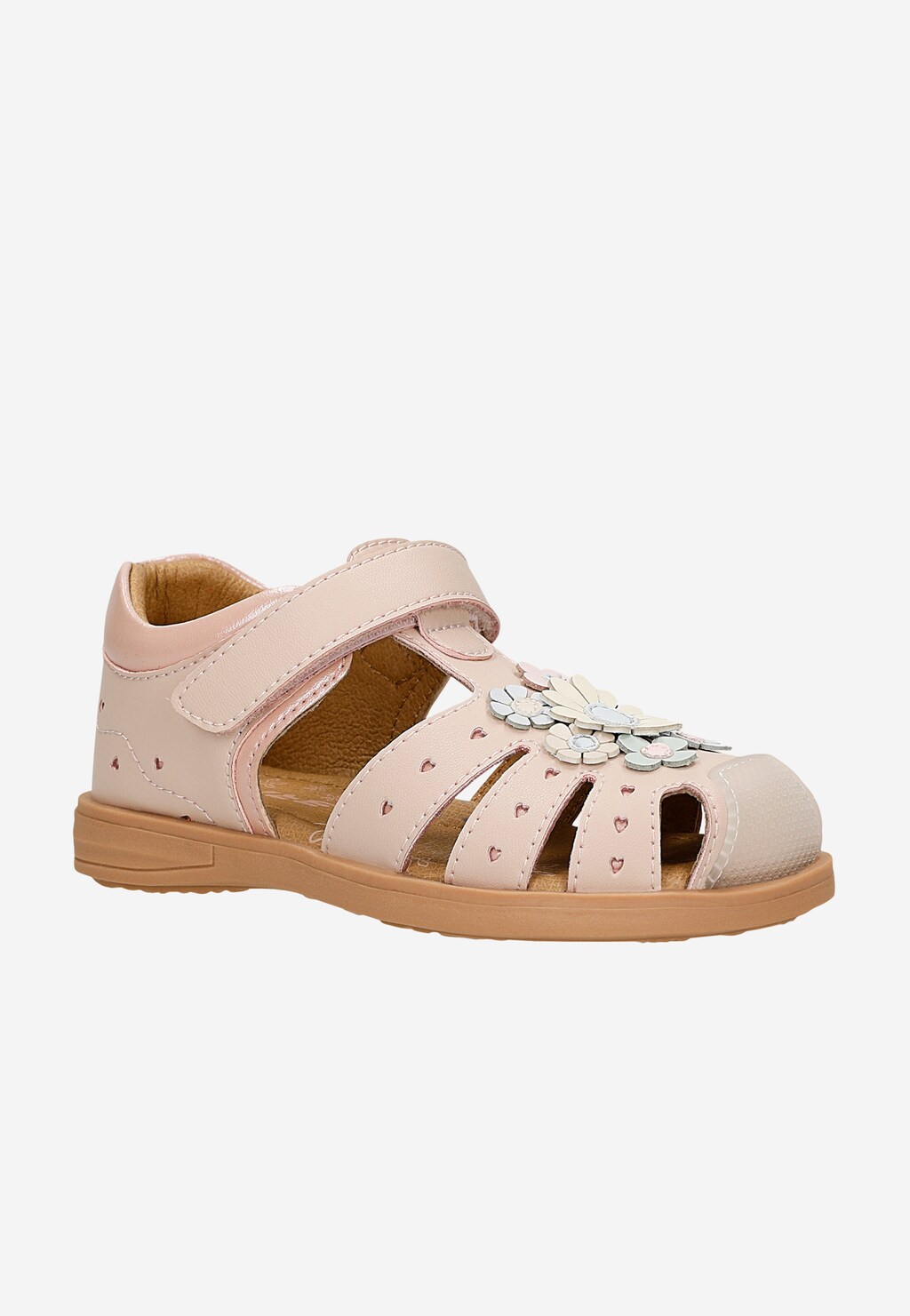 Różowe sandały dziewczęce z aplikacją w kwiaty z dwoiny foliowanej Widok 2