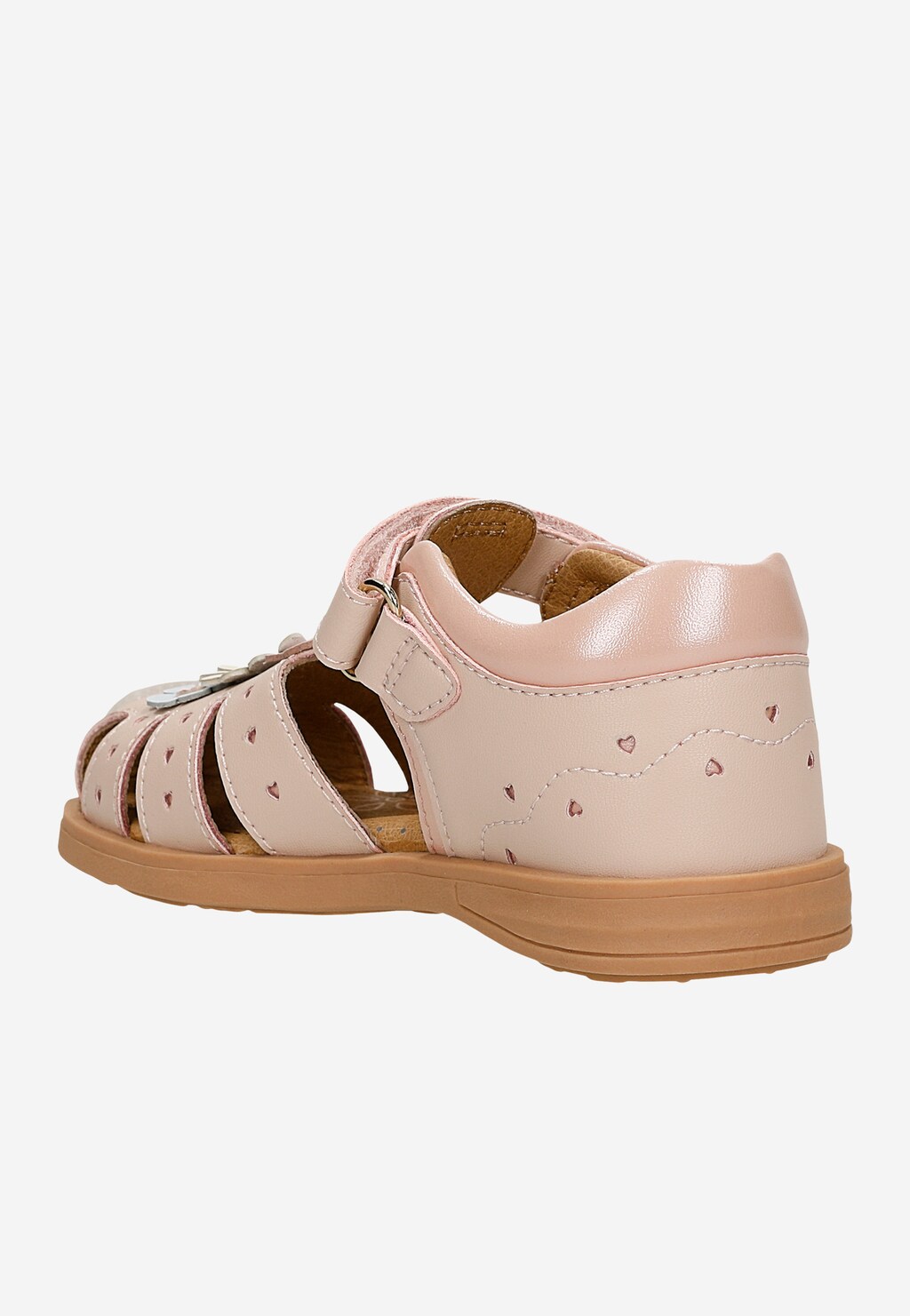 Różowe sandały dziewczęce z aplikacją w kwiaty z dwoiny foliowanej Widok 3