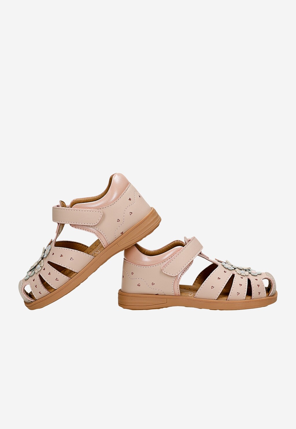 Różowe sandały dziewczęce z aplikacją w kwiaty z dwoiny foliowanej Widok 6
