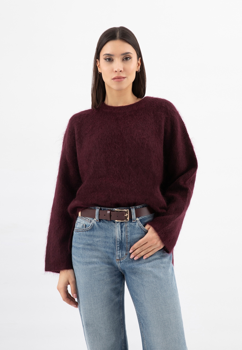 Bordový kožený dámsky opasok so zlatou prackou 93136-55 Widok 1