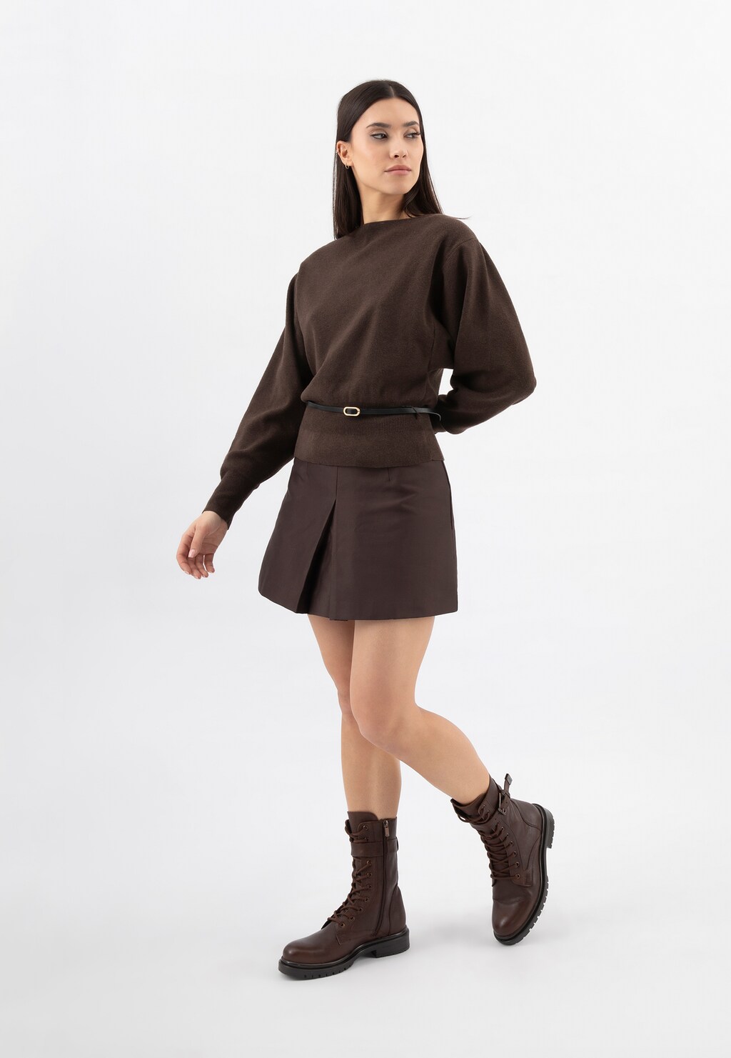 Brązowe skórzane trzewiki damskie z wysoką cholewką 64135-52 Widok 9