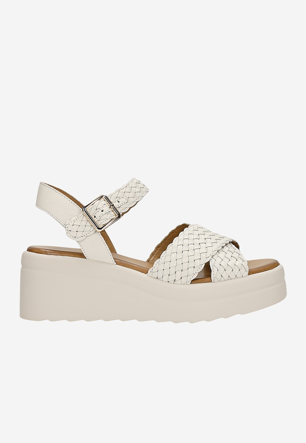 Beżowe plecione sandały damskie na koturnie 76268-54 Widok 1