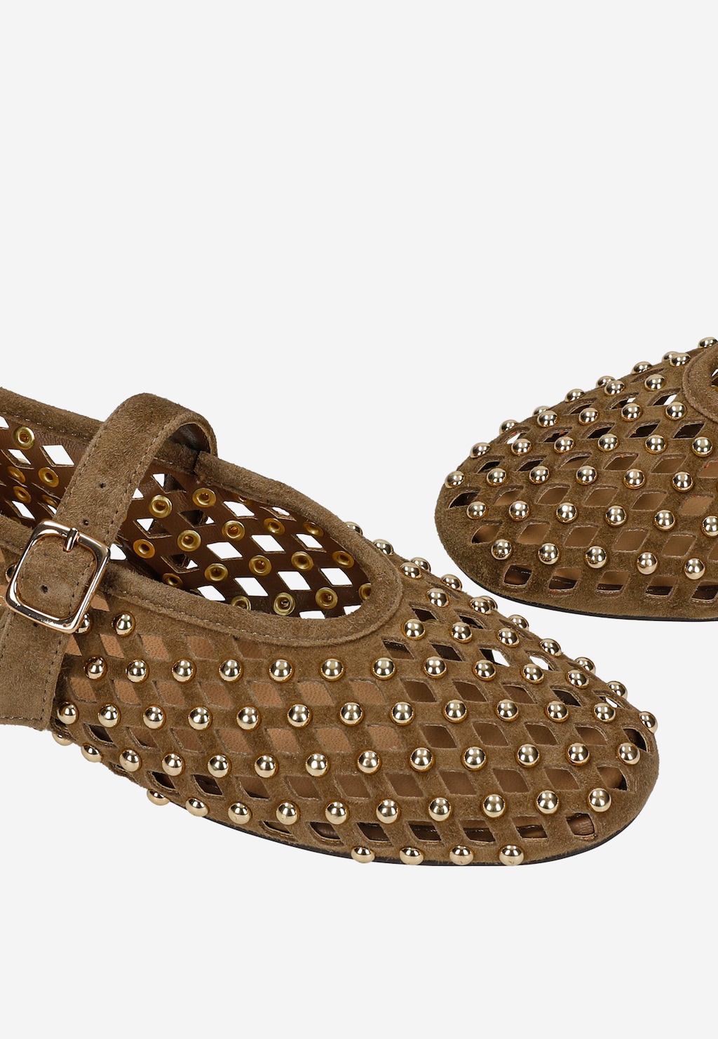 Brązowe ażurowe baleriny ze złotymi nitami 44074-62 Widok 7