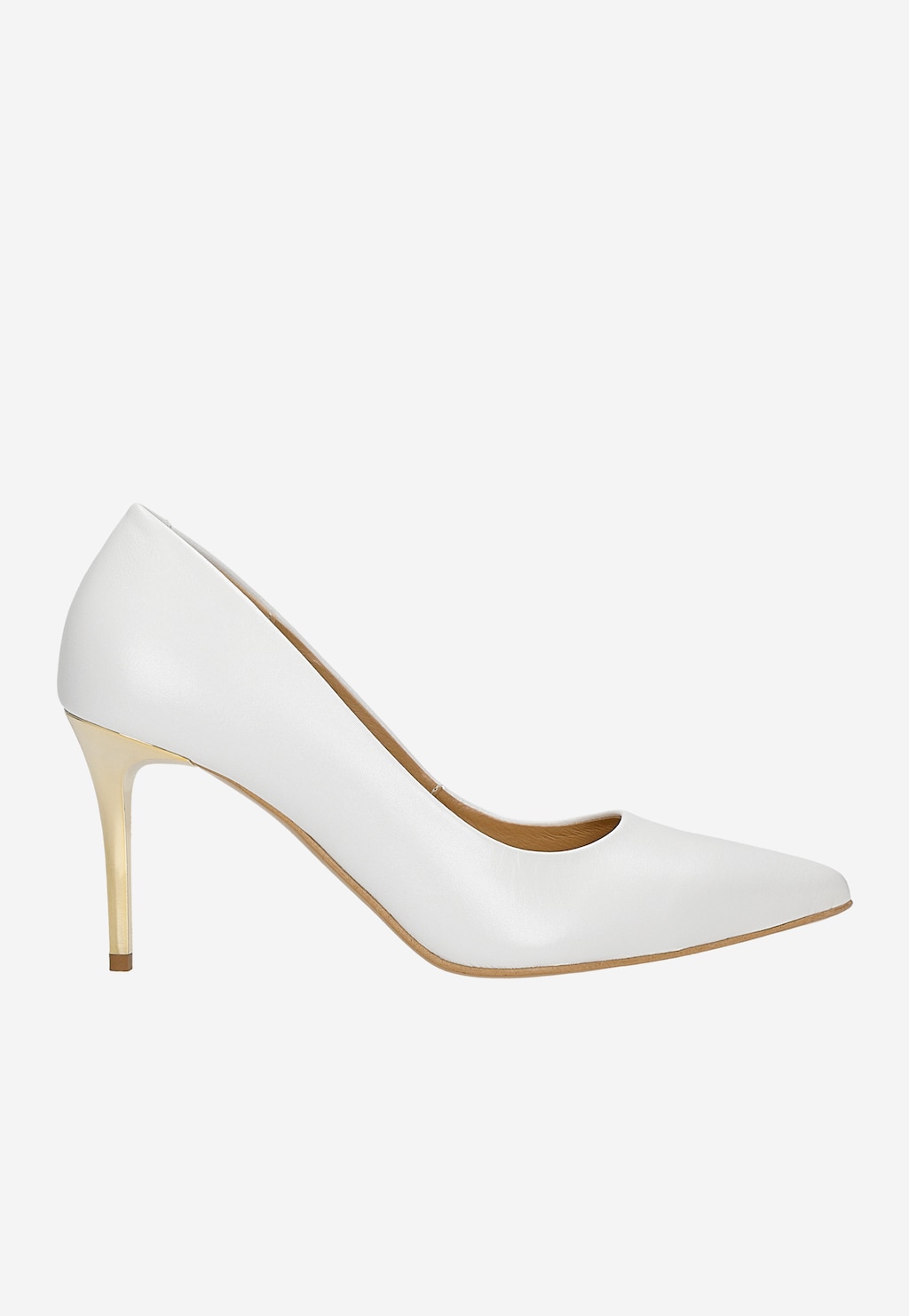 Białe skórzane czółenka na złotej szpilce 35178-59 Widok 1