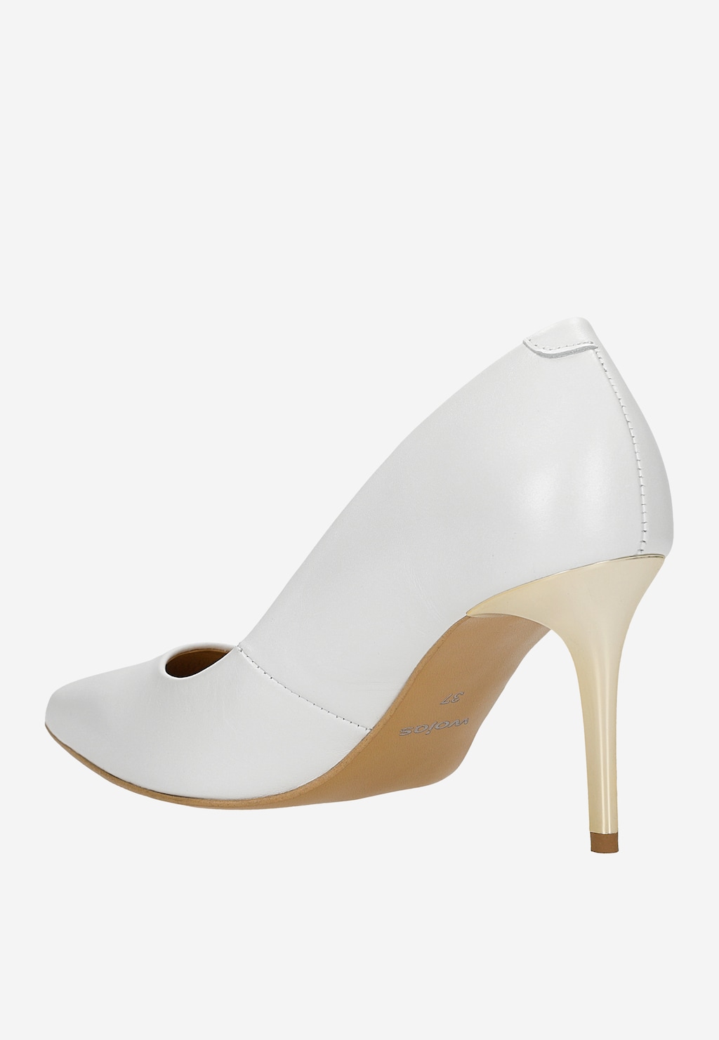 Białe skórzane czółenka na złotej szpilce 35178-59 Widok 3