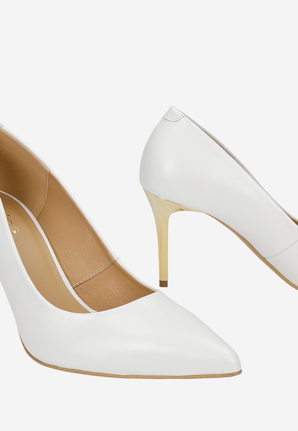 Białe skórzane czółenka na złotej szpilce 35178-59 Widok 6