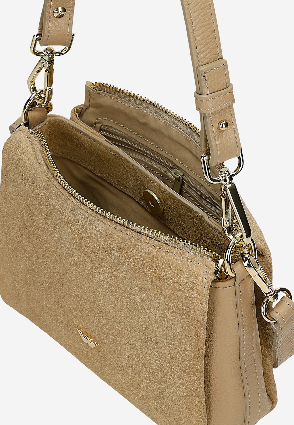 Mała beżowa torebka damska z połączenia dwoiny i skóry licowej 80484-74 Widok 5