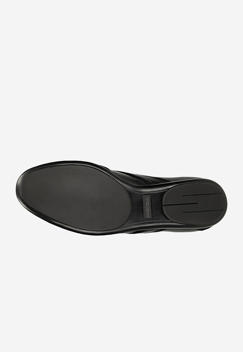 Podeszwa czarnych sneakersów męskich Wojas 10325-71 z łączonych skór, widok od spodu z logo marki.