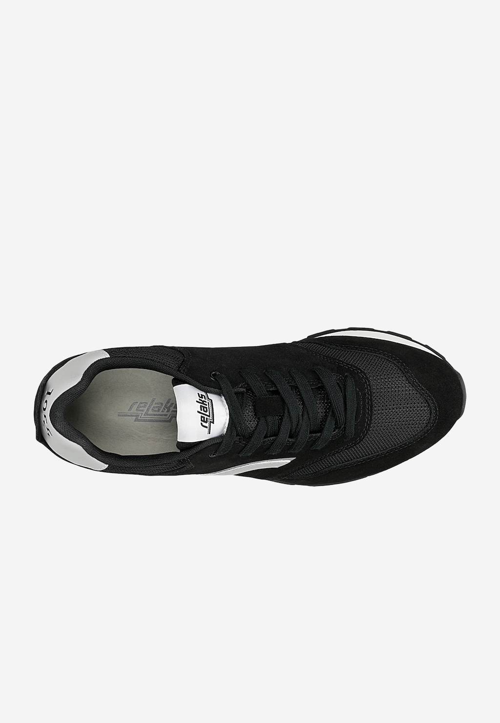 Czarny sneakers RELAKS R34202-89 widziany z góry, z czarnymi sznurówkami, białą wstawką i logo marki na języku buta.